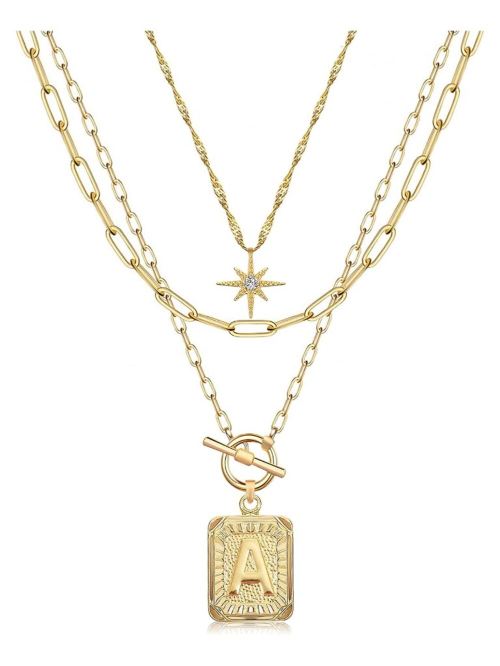 Layered Initial Necklace Set 14K Gold Plated Paperclip Chain Women